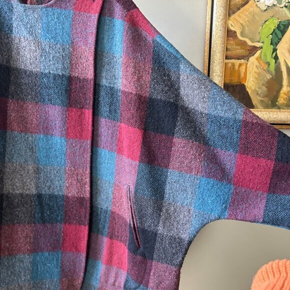Plaid Wool Blend Batwing Cape Coat - Picture 5 of 6